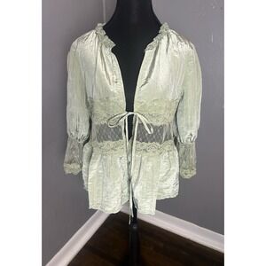 Womens Satin Lace Green Blouse With Bow Tie 3/4 Sleeve Size M